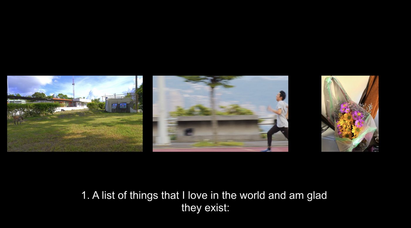 Film still: three frames on black, a grassy field, a runner in motion blur and a bouquet of flowers; subtitle reads “1. A list of things that I love in the world and am glad they exist:”